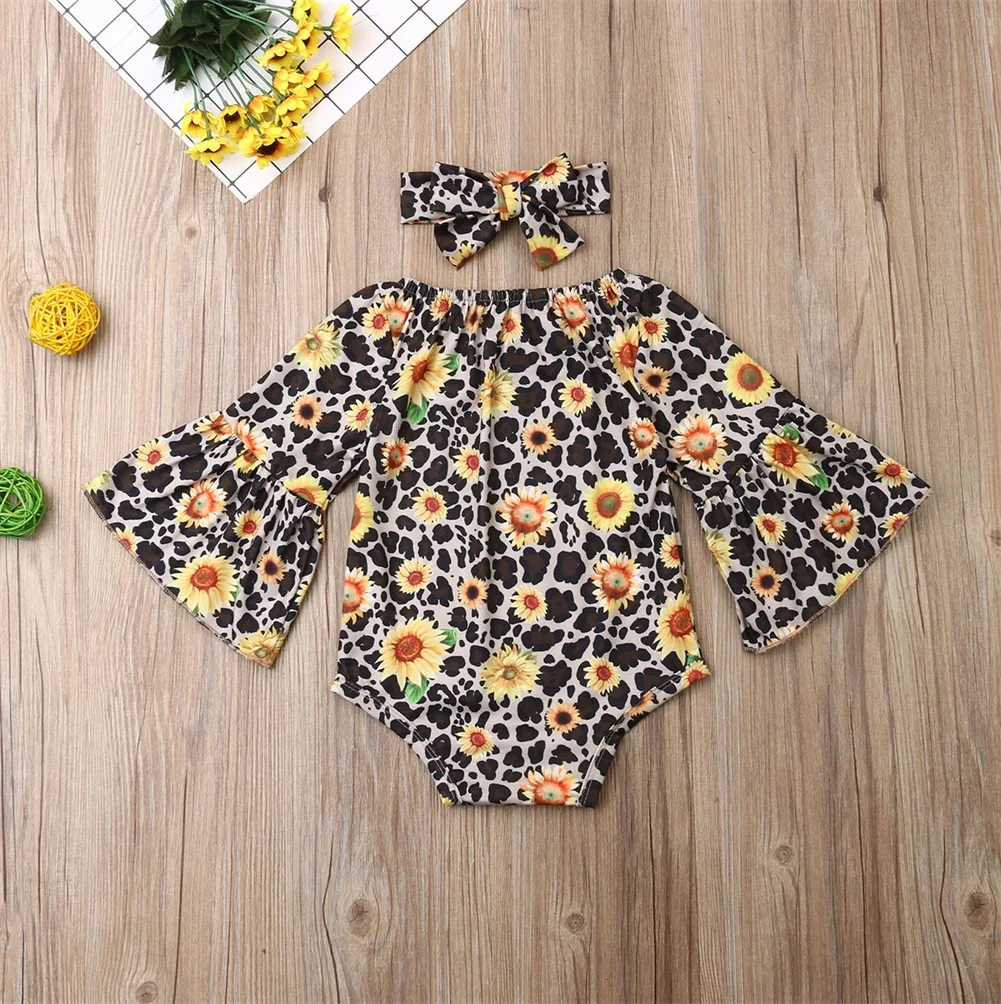 Коллекция года, весенне-осенняя одежда для малышей боди комбинезон с повязкой на голову для новорожденных девочек леопардовая одежда с подсолнухами
