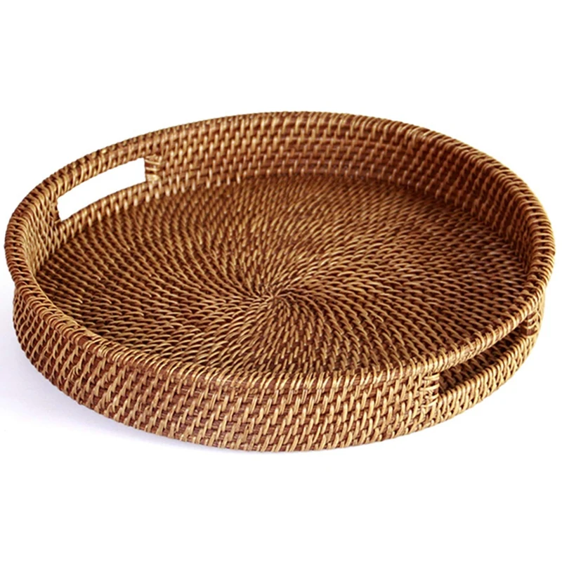 Rattan Tray With Handle- Hand-Woven Multi-Purpose Wicker Tray With Durable Rattan Fiber(Round 13.5 Inch Diameter, Natural