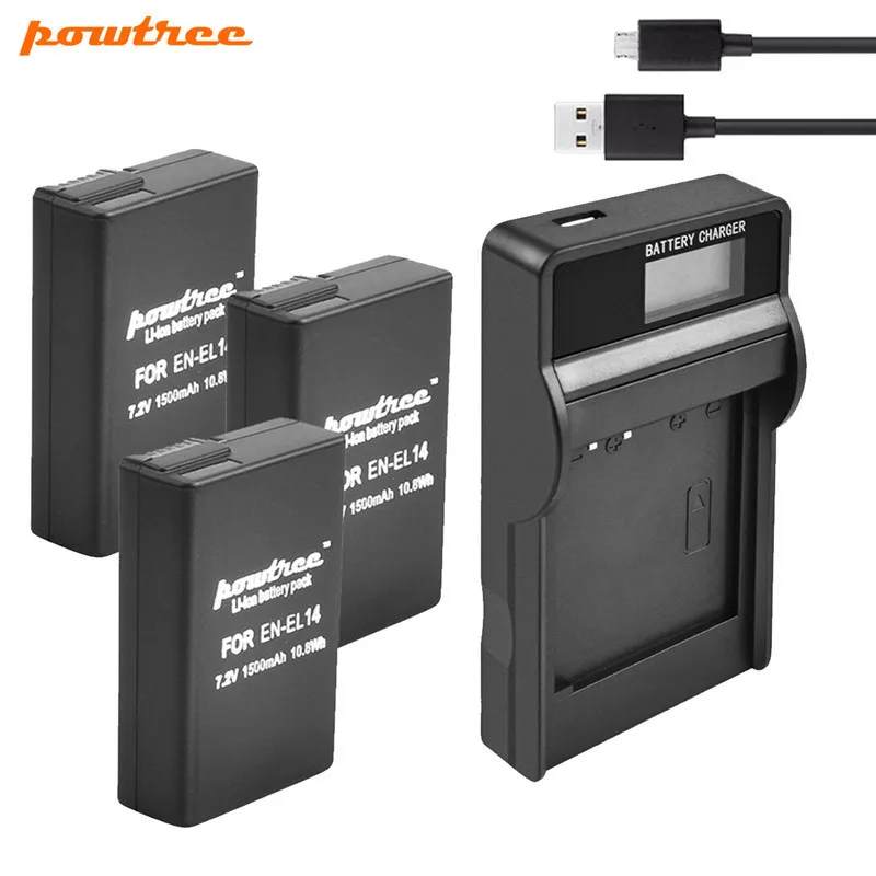 Powtree 1500Mah En-El14 En-El14A Enel14 En-El14 Batteria + Caricabatterie Lcd Per Nikon P7800,P7700,P7100,P7000,D5500,D5300,D5200,D3200