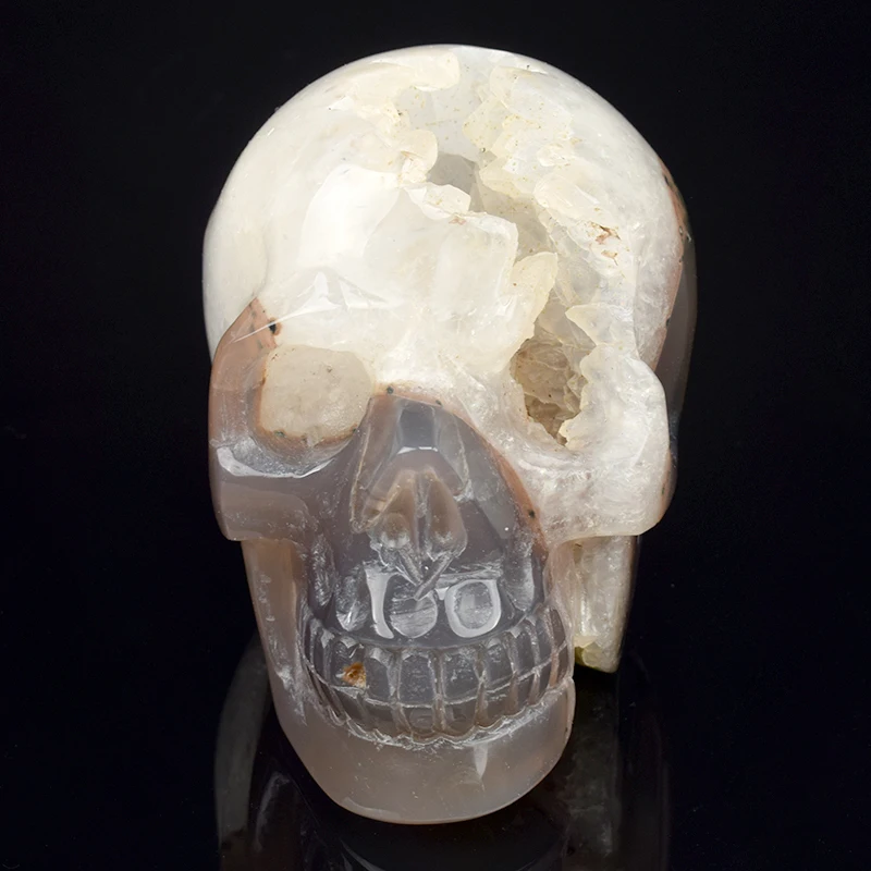 

4'' Natural Agate Geode Hand Carved Quartz Crystal Skull Statue Reiki Healing Stone Skull Sculpture Home Decor Art Collection