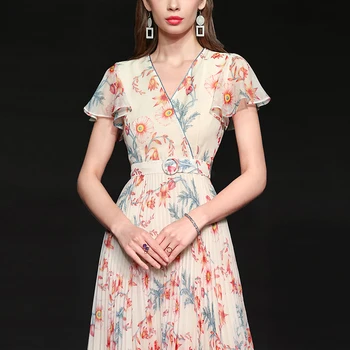 

Seifrmann Vacation Beach Dress Women Summer Fashion Designer V-Neck Vintage Floral Print Folds Ruffles Ladies Midi Dresses 2020