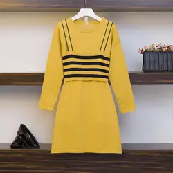 Новый модный вязаный комплект с юбкой большого размера, Осенний женский желтый жилет в полоску + повседневное Свободное платье с длинными