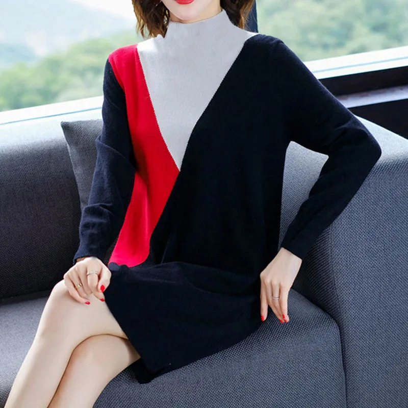 

2019 Autumn And Winter New Style Mixed Colors Dress Women's Mid-length Half-Turtle-Neck Mixed Colors Loose-Fit Slimming Base Ski