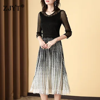 

Europe Fashion Spring Summer Dresses for Women Elegant Female Vestido Lady Geometric Print Patchwork Midi Sexy Pleated Dress