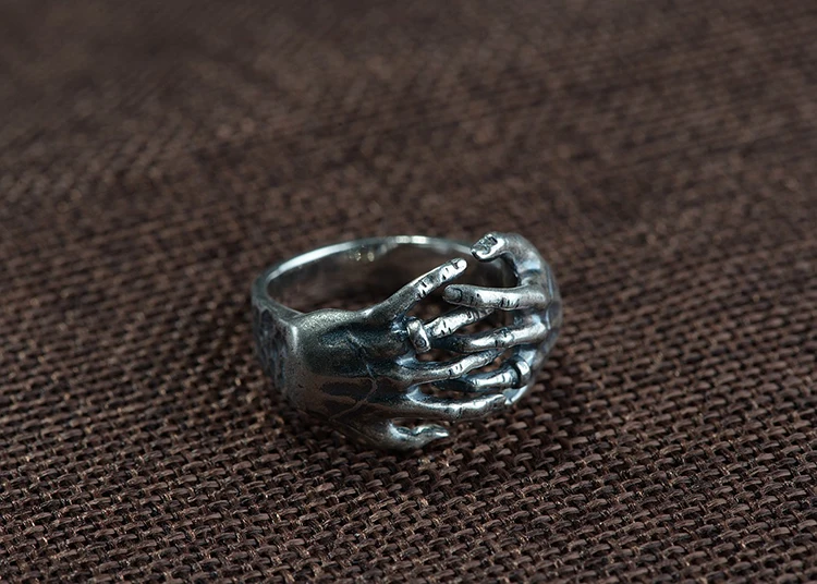 FNJ Double Hand Skull Rings 925 Silver Adjustable Size Open Popular S925 Solid Silver Ring for Men Jewelry Fine Claw Punk