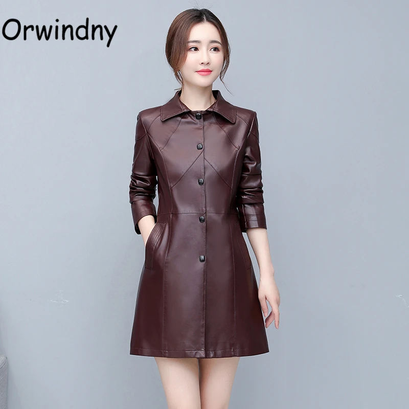 

Orwindny Spring Long Leather Trench Button Autumn Coats Female Turn-down Collar Women Jacket High Quality Suede 5XL