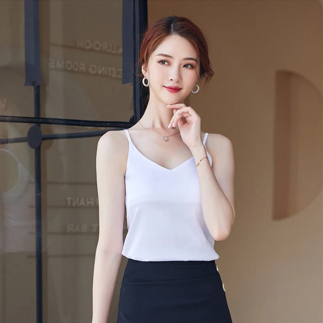 Casual V-Neck Sexy Solid Satin Woman Camis Tank Tops Render Chiffon Sleeveless Camisole Top Plus Size Halter Camis Tops White