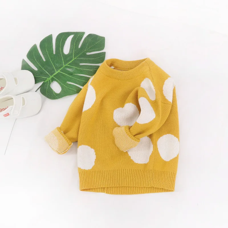 

CHILDREN'S Sweater-New Style 2019 Pure Cotton Pullover Cute Polka Dot Sweater Children Korean-style round Neck Fleece Lined Swea