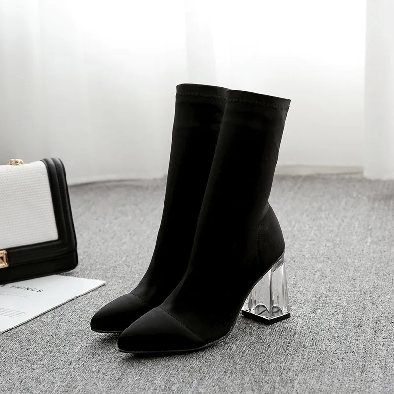 Новинка; эластичные сапоги; женская обувь; гладиаторы; Bottines Hiver Botki Damskie; сапоги на необычном каблуке; женские зимние сапоги с острым носком