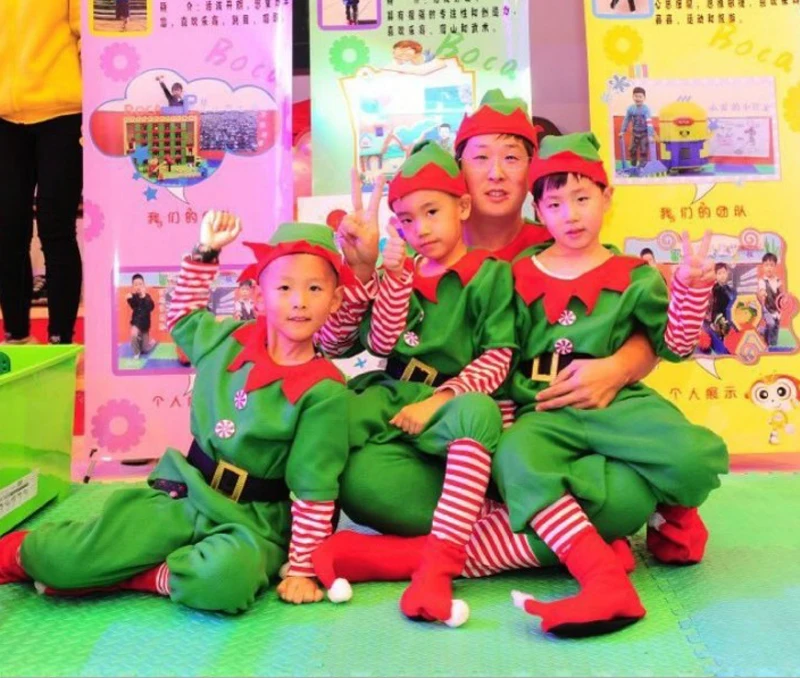 Kids Adults green Elf christmas Costumes Festival Santa Claus for Girls boys New Year baby clothing Fancy Party Dress 70-180cm