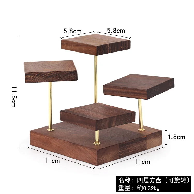 Walnut Jewelry Display Stand, Four-Layer Rotatable Earring Tray Earrings Rings Bracelets Pendant Display Stand