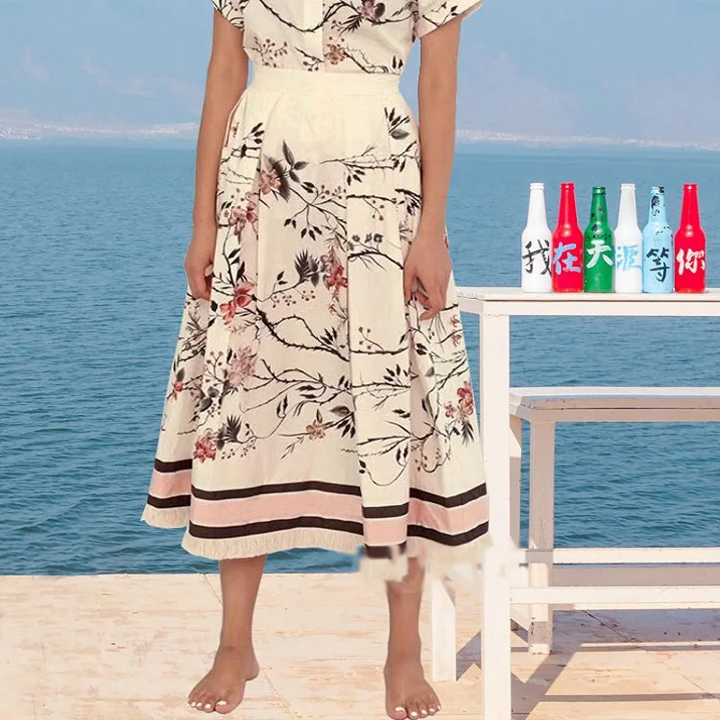 Женская плиссированная юбка из хлопка и льна летняя большого бренда с кисточками