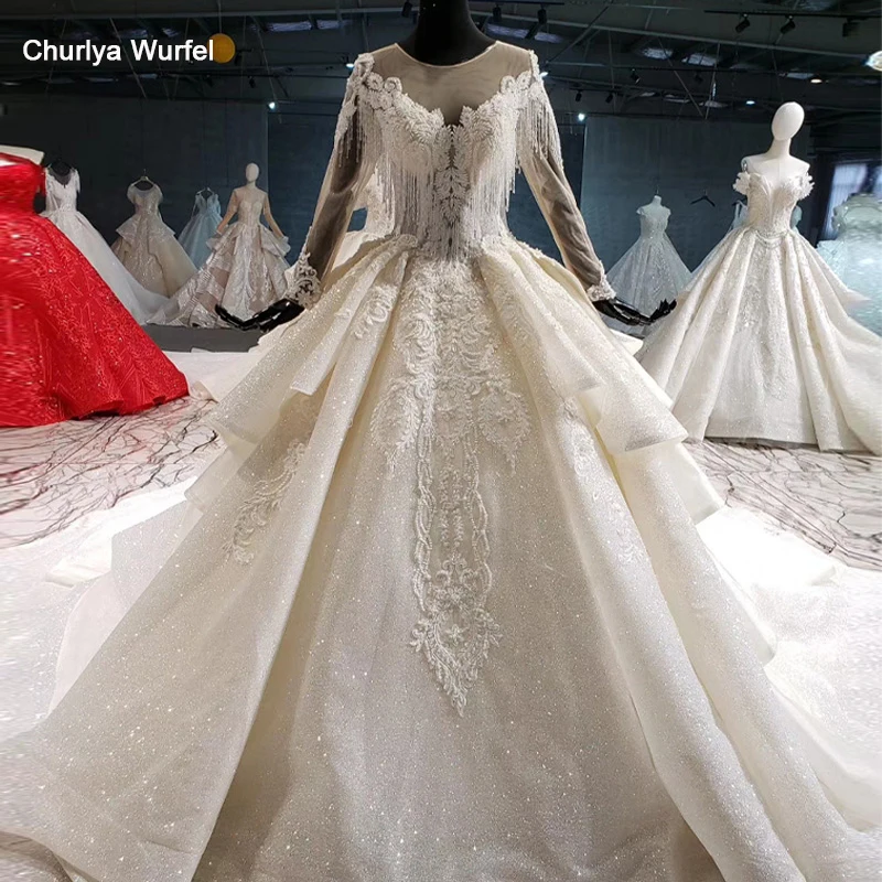 

HTL1015 illusion back wedding dress 2020 long sleeve o neck tassel plus size wedding gown long train ruffle  
