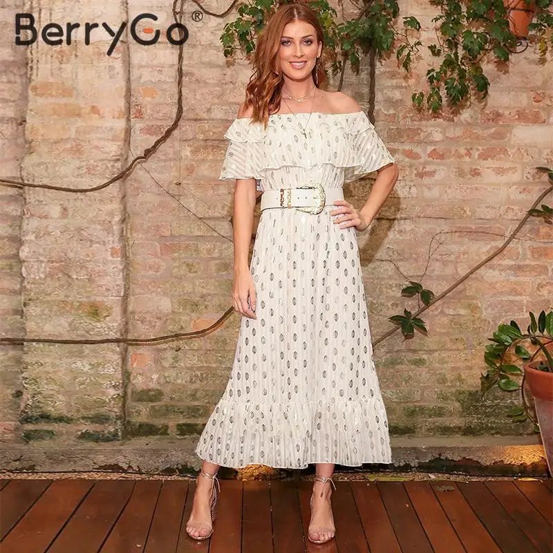 BerryGo, элегантное сексуальное длинное праздничное платье с оборками и открытыми плечами, повседневное праздничное пляжное белое платье в горошек, весенне-летнее платье макси, vestido