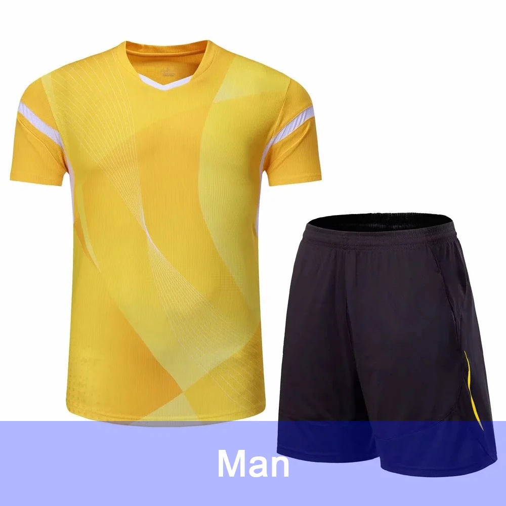 Tennis Sports T-Shirt Suit Quick Dry Short Sleeve For Male And Female Sweat Absorption Badminton Shirts& Shorts L973SHC - Color: Men Yellow
