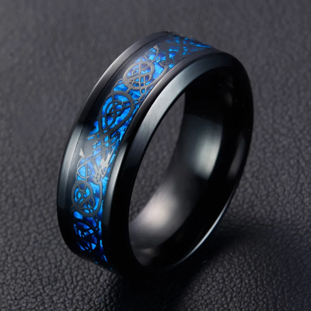 Black Blue Черный Серебряный кольцо из нержавеющей стали 316L обручальное кольцо синий углеродного волокна Дракон Кольца для мужчин - Цвет основного камня: Black Blue