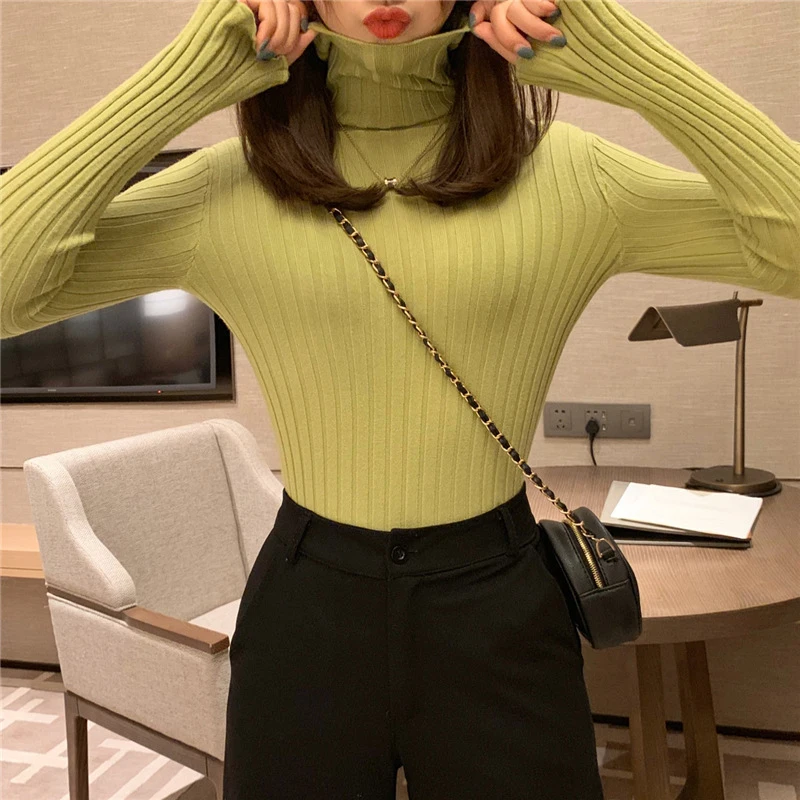 

Hot Style Soft Sweater For Women In Plain Color Simple And Versatile High Collar Stretch To Show Slimming Body Knit Bottom Top