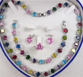 

Free Shipping Multicolor Zircon Link Bracelet/ Earrings /Ring / Necklace Set