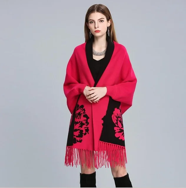 rose red black Брендовый дизайн, шарф пончо с рукавами летучей мыши, зимняя теплая кашемировая накидка, одеяло с кисточками, шарф, Женская шаль, вязаный кардиган - Цвет: rose red black