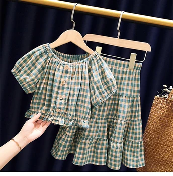 

Mihkalev Kids 2020 Summer Clothes Set For Children Cotton Plaid Clothing Sets Tshirt+Skirt Girls Outfits Baby Girl Tracksuit