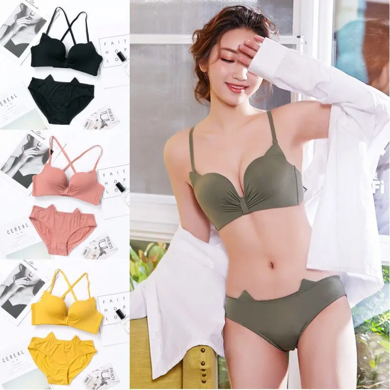 

Fashion Brand Bra Set Sexy Cat Ear Underwear Wire Free Push Up Bra Set Women Seamless Lingerie Lovely Bow Girl Yellow Bras