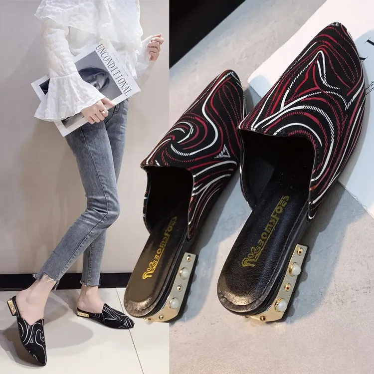 

Slippers Women's 2020 Spring Summer New Style Pointed-Toe Closed-toe Chunky-Heel Casual Versatile Korean-style Stripes Women's b