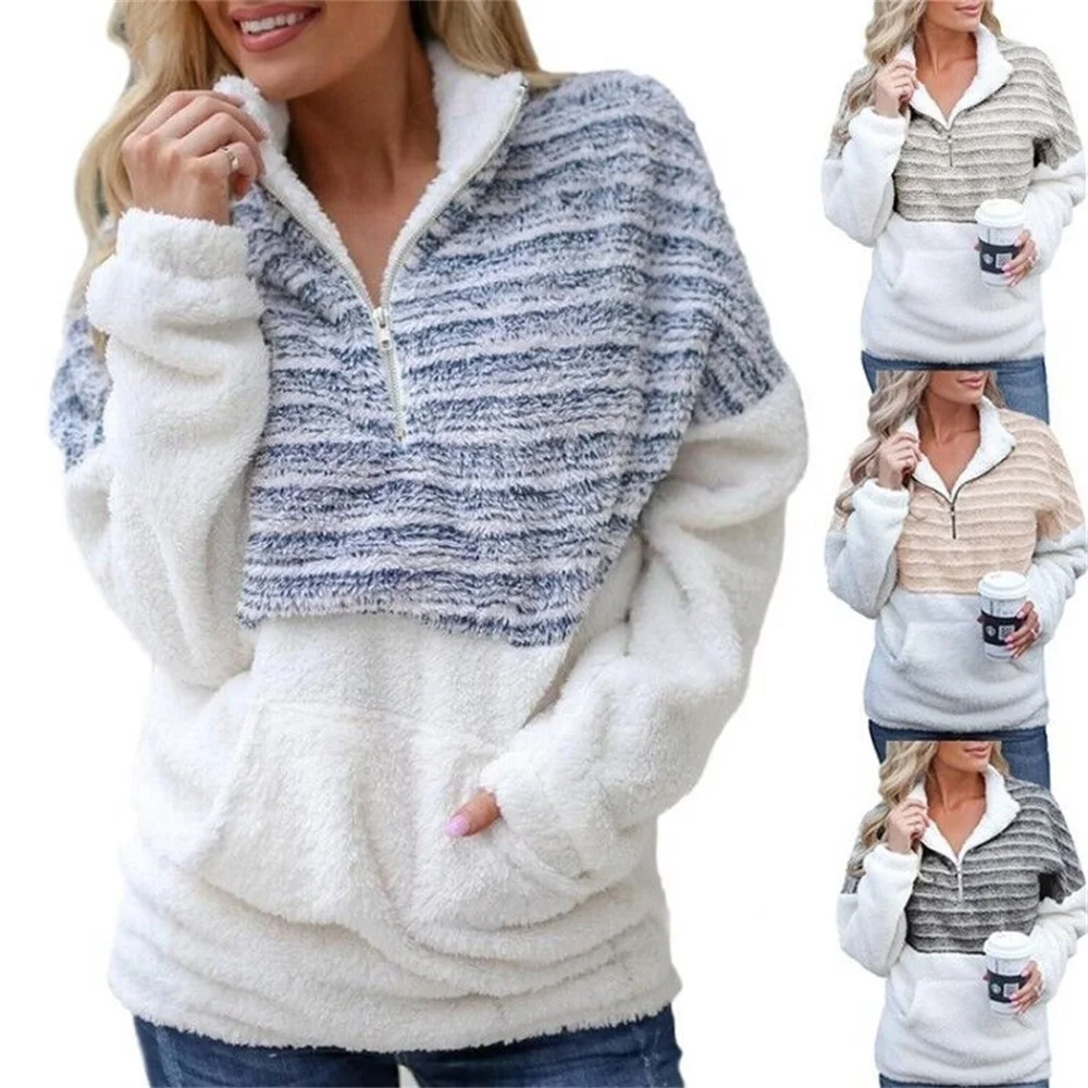 New Ladies Thick Pullover Fashion Striped Stitching Sweater Autumn Winter Large Size 5XL Ladies Fleece Half Zipper Warm Clothing