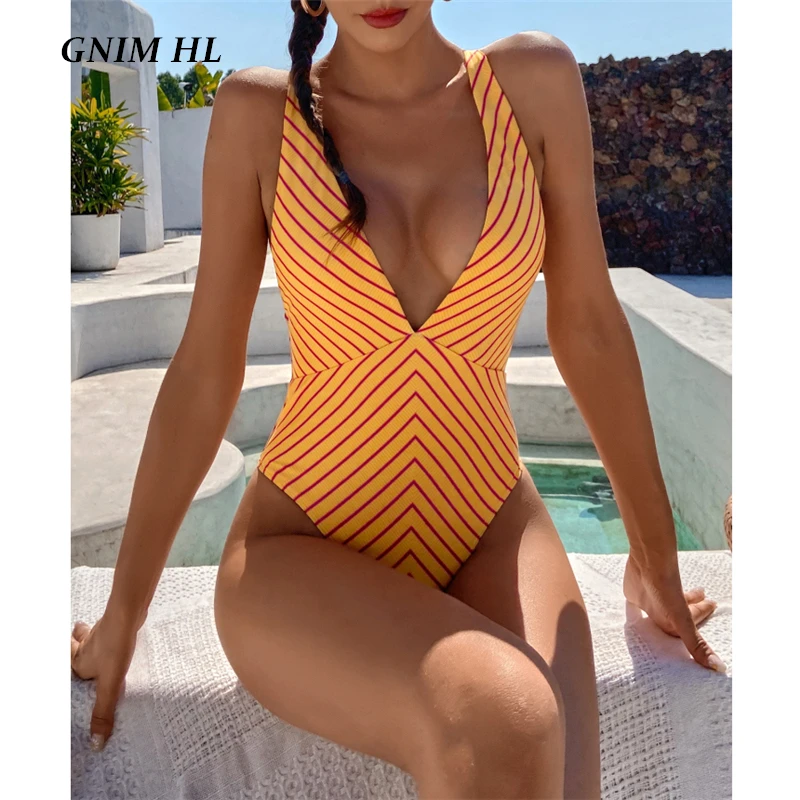 

GNIM Sexy Deep V Neck Swimwear Women One-Piece Stripe Bandage Brazilian Swimsuit Beachwear Backless High Waist Swimming Suit New