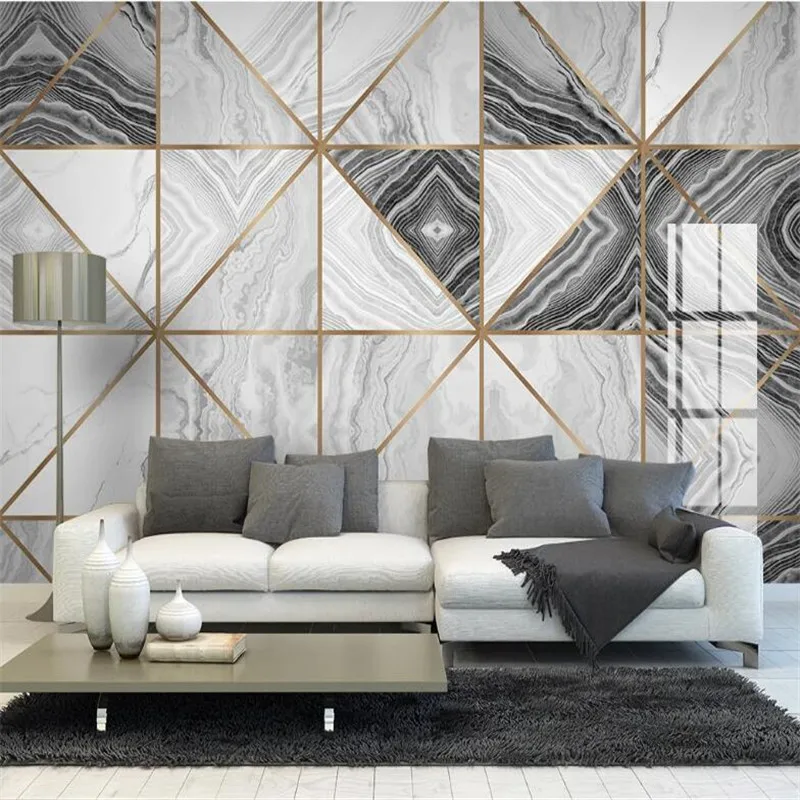 Large 3D Wallpaper Mural Custom Light Luxury Geometric Lines Jazz White Marble Tile Living Room TV Background Wallpaper Mural