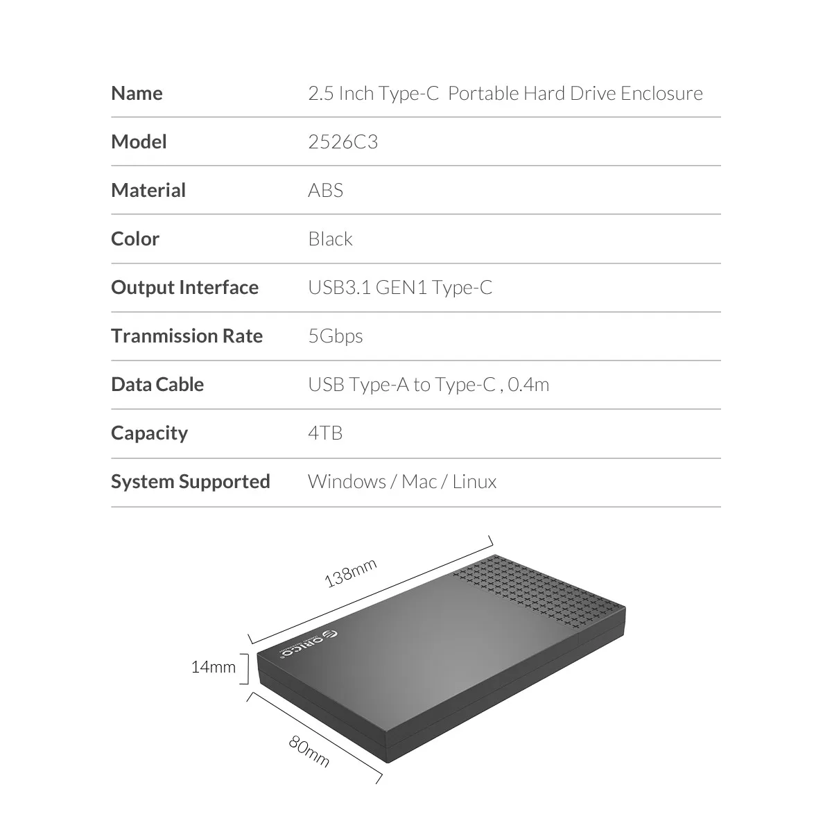 ORICO 2.5 inch HDD Case Type C External Hard Drive Case SATA to USB 3.1 HDD Enclosure Box for SATA HDD SSD Case Support UASP