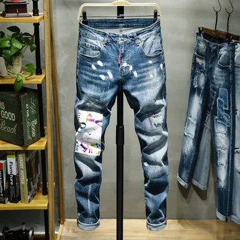

Dot Bleached Letter Patchwork Denim Jeans Men Hole Washed Straight Embroidery Slim Cowboy Spring Trousers Male
