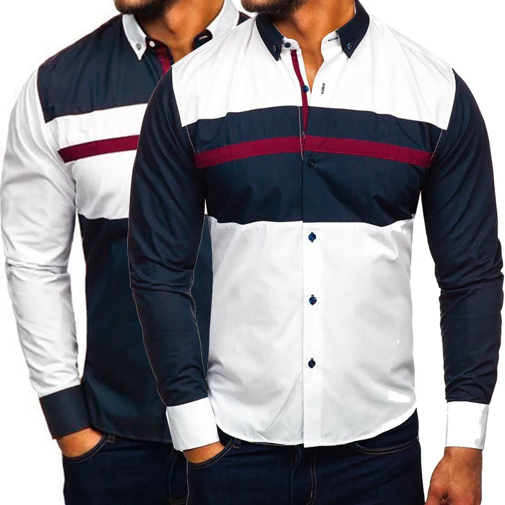 

Fashion Men‘s Long Sleeve Patchwork Button Large Size Casual Top Blouse Shirts brand formal slim fit Classic loose shirt tops