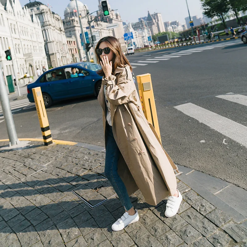 

LULU Trench Coat Women's Mid-length Korean-style Spring 2018 New Style CHIC Khaki Spring And Autumn Students over-the-Knee Coat
