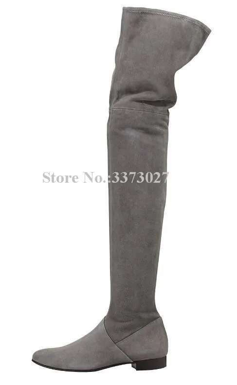grey suede Женские Черные Кожаные ботфорты на плоской подошве; модные мотоциклетные сапоги выше колена; элегантные женские зимние высокие сапоги; большие размеры - Цвет: grey suede