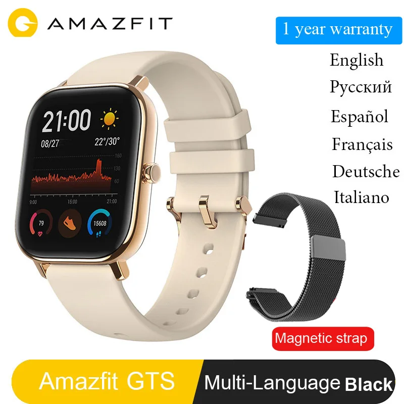 Глобальная версия Amazfit GTS Смарт-часы AMOLED для бега спортивный браслет 5ATM - Цвет: Gold with  strap