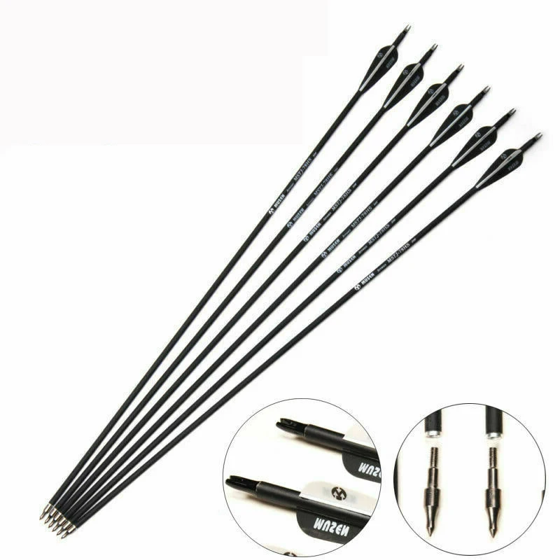 Günstig 28 30 32 zoll Mixed Carbon Pfeil Wirbelsäule 500 Schwarz und Weiß Feder 6 12 24 pcs für Recurve Verbindung Bogen Bogenschießen Jagd