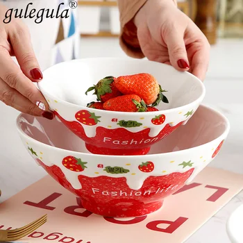 

Personality Cute Strawberry Ceramic Bowl Household Fruit Salad Bowl Ramen Bowl Fruit Cereal Bowl Single Tableware