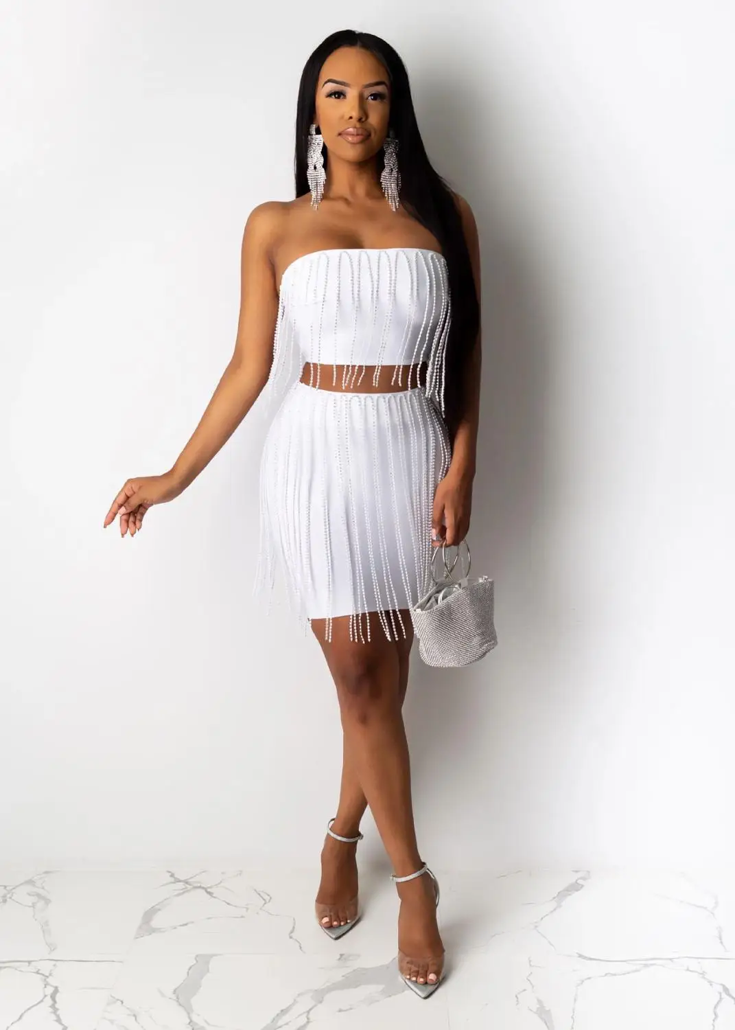 white 2 piece set Adogirl комплект из двух предметов с блестящими кристаллами и кисточками, платье без бретелек, топ-труба, облегающая мини-юбка, женские модные сексуальные вечерние костюмы для ночного клуба - Цвет: white 2 piece set