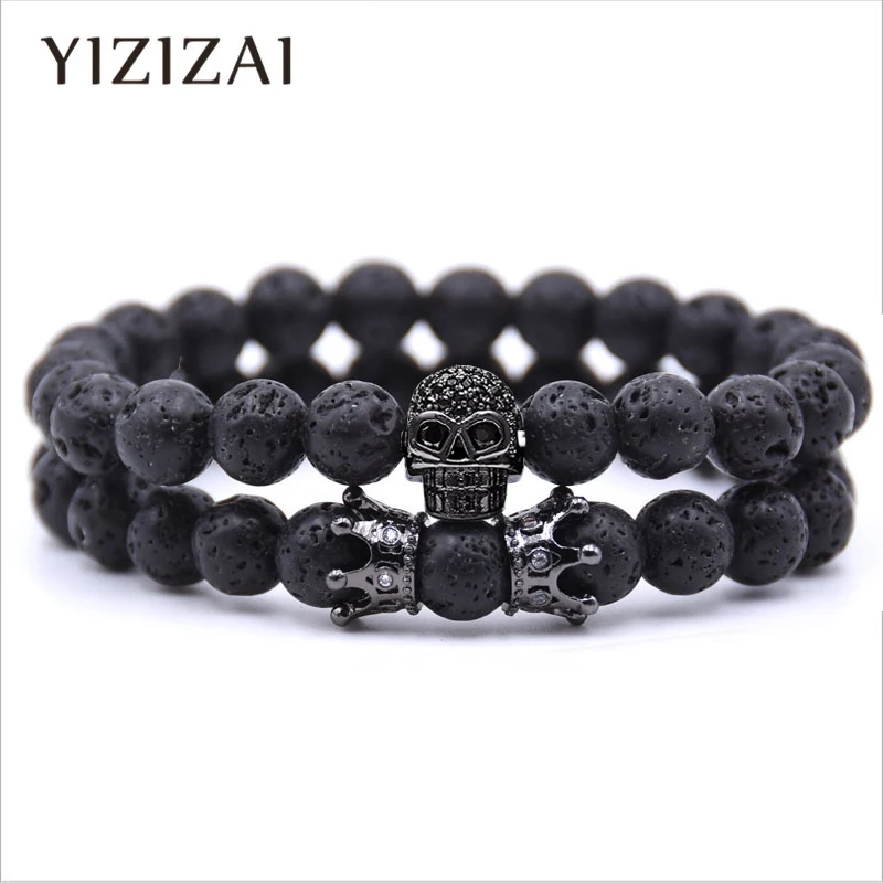 YIZIZAI Skull Crown Couple Bracelet Beads Bracelets For Women Jewelry Men Pulseira Masculina Feminina 2018 Men’s Erkek Bileklik