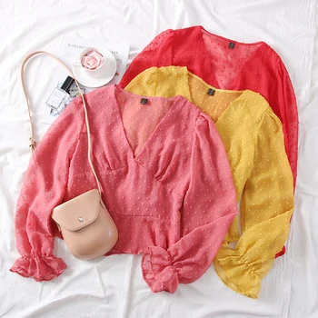 

Spring and summer 2020 new style versatile V-neck slim Ruffle hem flare Sleeve Chiffon Blouse Top woman