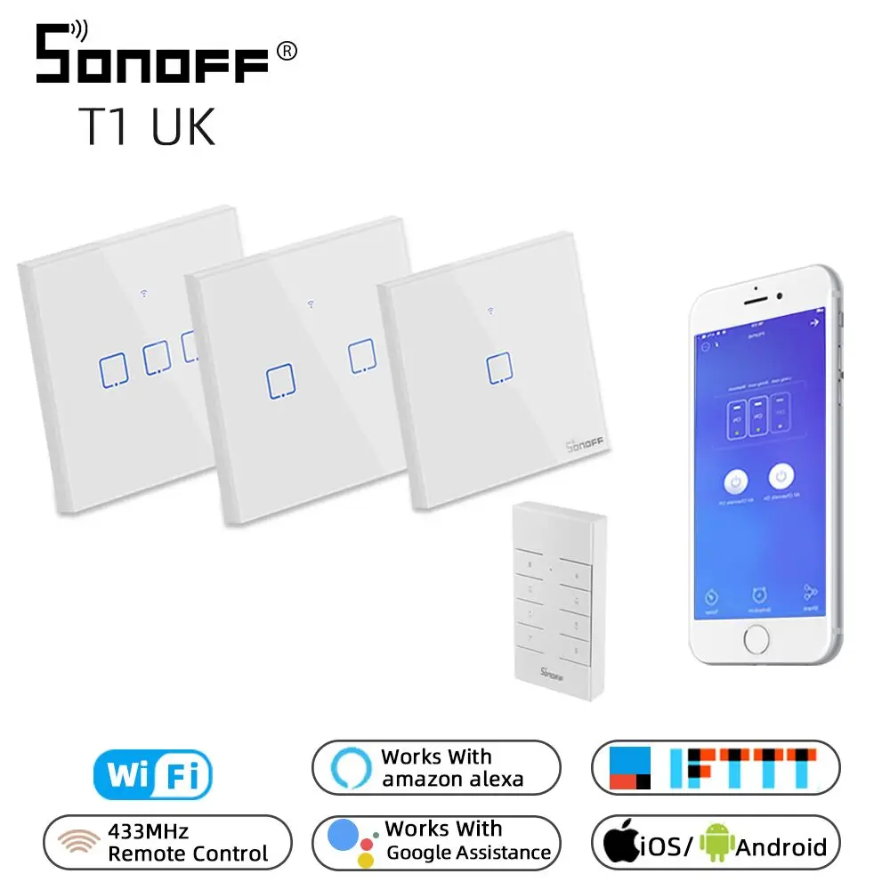 

SONOFF RM433/TX/T1 UK 8 Keys 433mhz Remote Control RF Wireless Light Wall Switch Touch Panel Wifi 1/2/3 Gang Google Home Alexa
