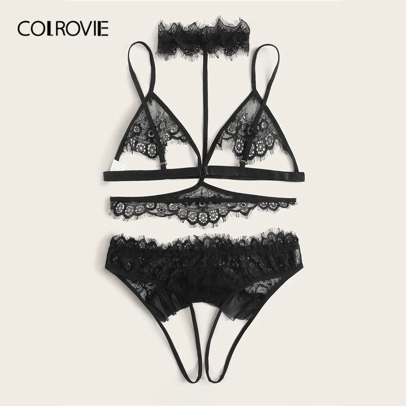 COLROVIE, черное кружевное белье в цветочек, набор с чокером, женские прозрачные Bralettes нижнее белье, одноцветные сексуальные комплекты, стильный женский комплект с бюстгальтером