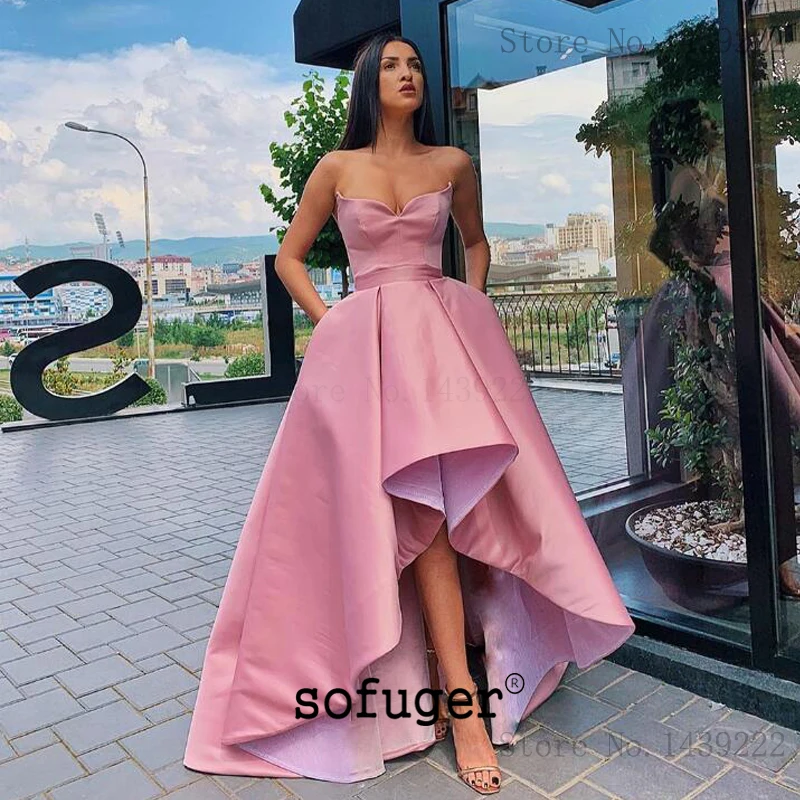 Roze Sweetheart Meisje Satijn Avondjurken Prom Aline Hoge Lage Lange Arabisch Speciale Gelegenheid Robe De Soiree Plus Roze Sweetheart Meisje Satijn Avondjurken Prom Aline Hoge Lage Lange Arabisch Speciale Gelegenheid Robe De Soiree Plus