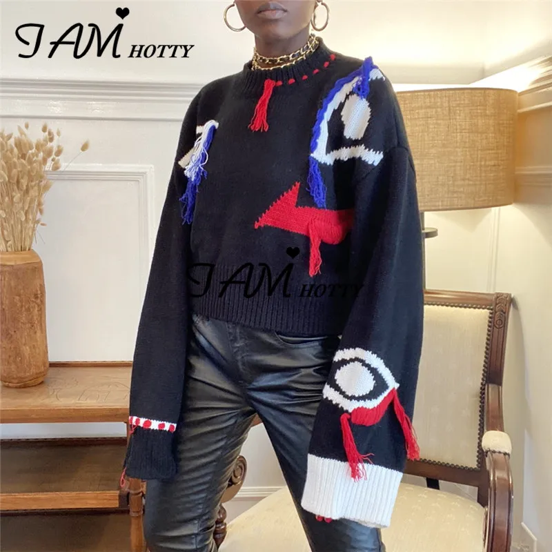 

Tassel Patchwork Eye Cartoon Knitted Sweater Women Gothic Harajuku Cropped Long Sleeve Pullover Korean Knitwear Autumn Iamhotty