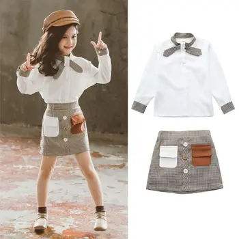 

New Girls Clothes Set Bow Blouse + Plaid Skirt 2PCS Clothes For Girls Spring Fall Teenage Kids Girls Clothes 4 5 7 9 11 13 Years