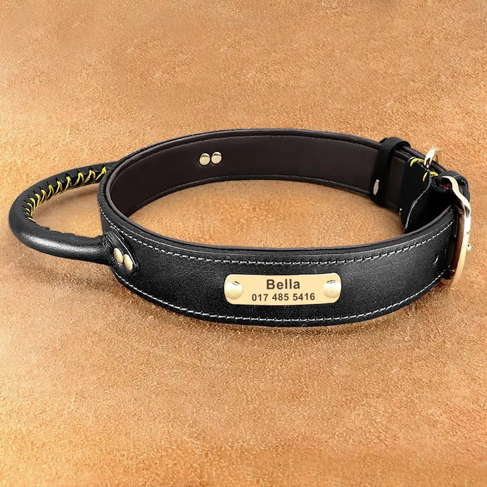 Collar de cuero con etiqueta de identificación personalizada para perros y grandes, Collar de Control rápido para entrenamiento de mascotas, con mango - AliExpress