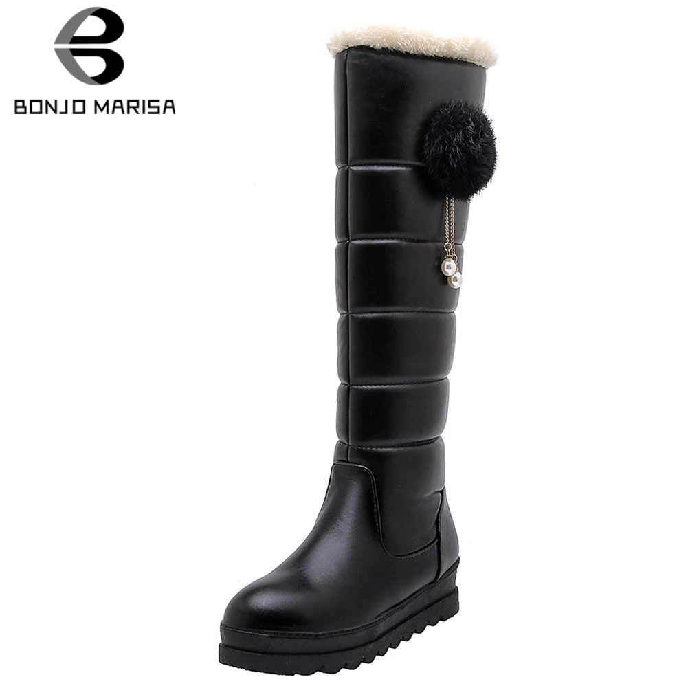 

BONJOMARISA New 32-42 Elegant Decorating Platform Boots Warm Knee High Snow Boots Women 2020 Winter Wedges Fur Shoes Woman