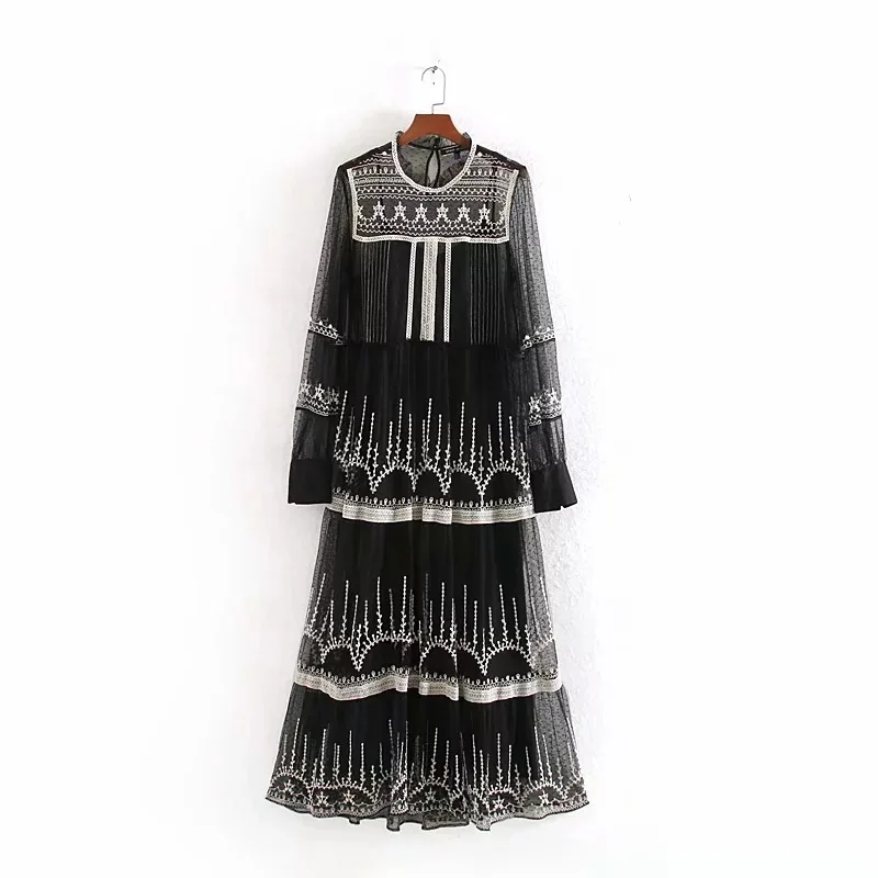

2019 Autumn New Style Europe And America Women's Dress Long Sleeve Embroidered Silk Net Dress Casual