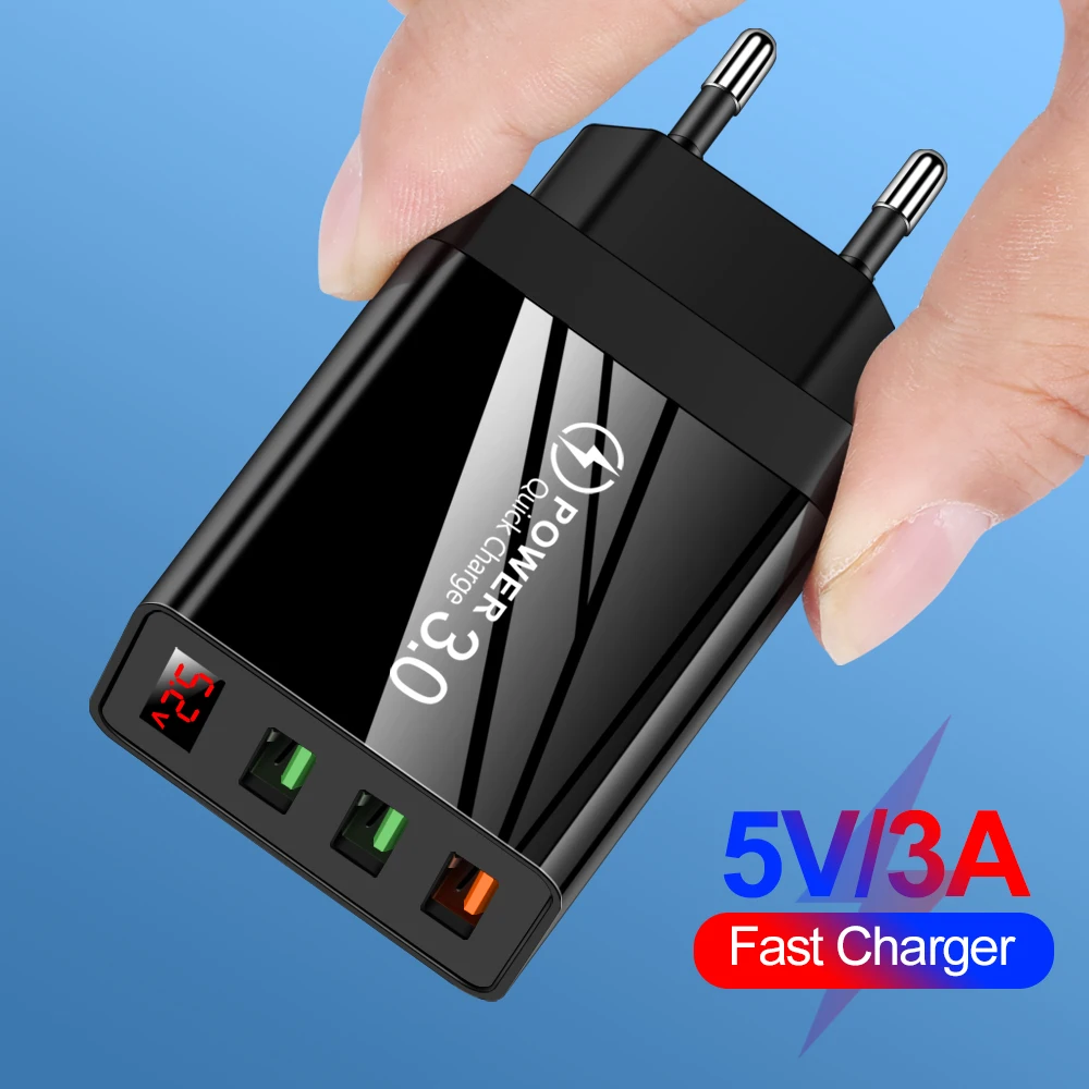 QC3.0USB Charger Adapter LED Display For Samsung S20 S9 iPhone 12pro max 11 X Xiaomi Tablet EU US Plug Wall Mobile Phone | Мобильные