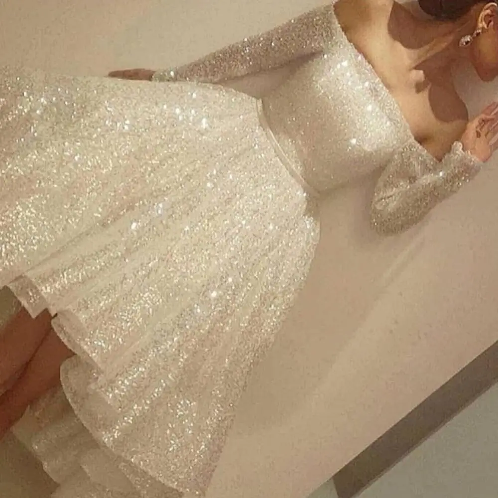

Shed Glitter Sequin Evening Dress Plus Size Long Sleeves Off Shoulder Saudi Arabia Formal Gowns Tea Length 2020 Prom Dresses